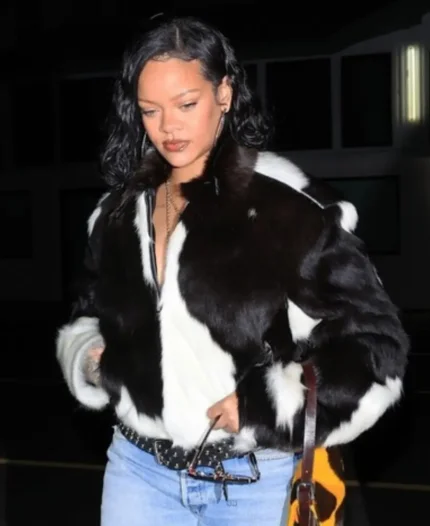 Rihanna Cow Print Jacket For Late Night Dinner at Giorgio Baldi