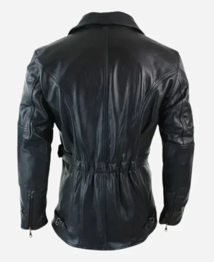 Black Cross Zip Belted 34 Biker CE Armour Long Leather Jacket