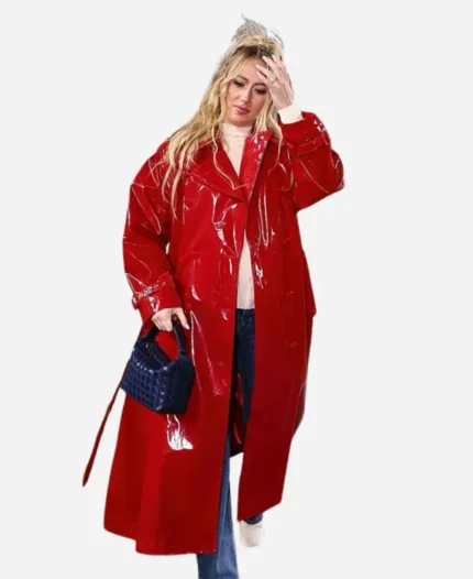 Brittany Mahomes Red Patent Leather Coat for Women