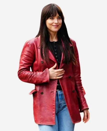 Cassandra Web Film Madame Web 2024 Dakota Johnson Maroon Leather Coat