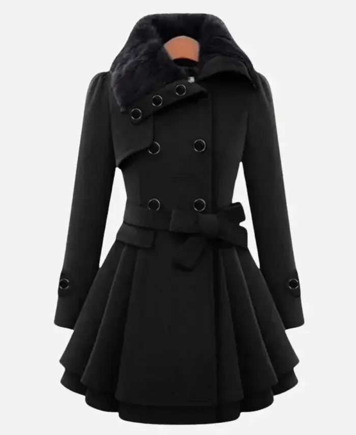 Classic Women Black Fur Peacoat