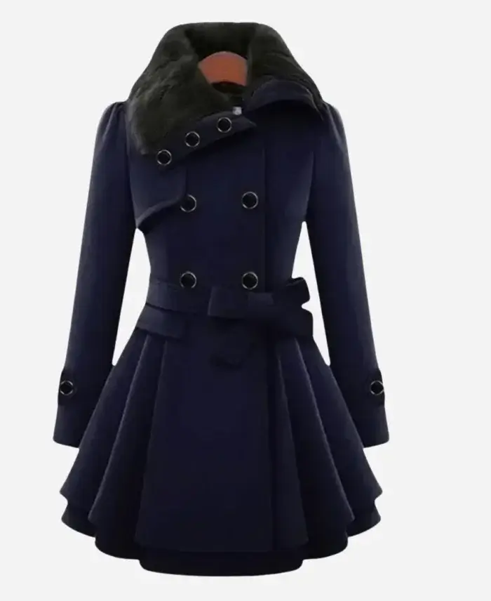 Classic Women Navy Blue Fur Peacoat