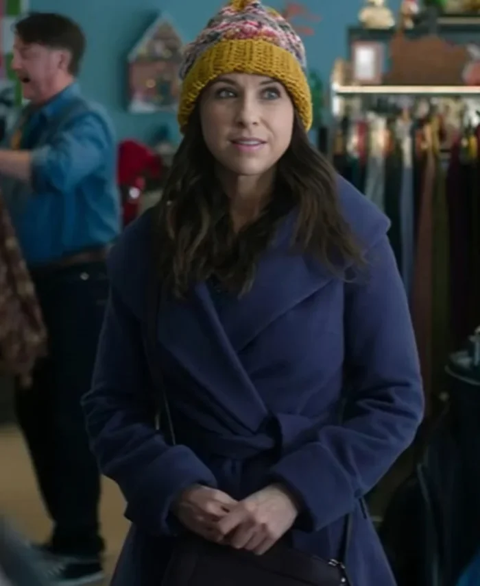 Kathy Barrett Movie Hot Frosty 2024 Lacey Chabert Blue Wool Coat