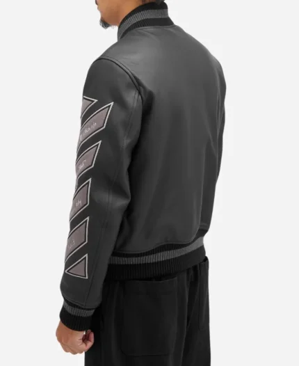 Off White Black Leather Varsity Jacket For Unisex