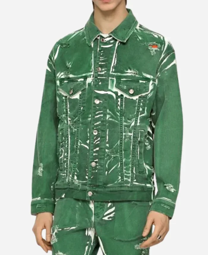 SNF Joe Burrows Green Distressed Denim Jacket For Sale