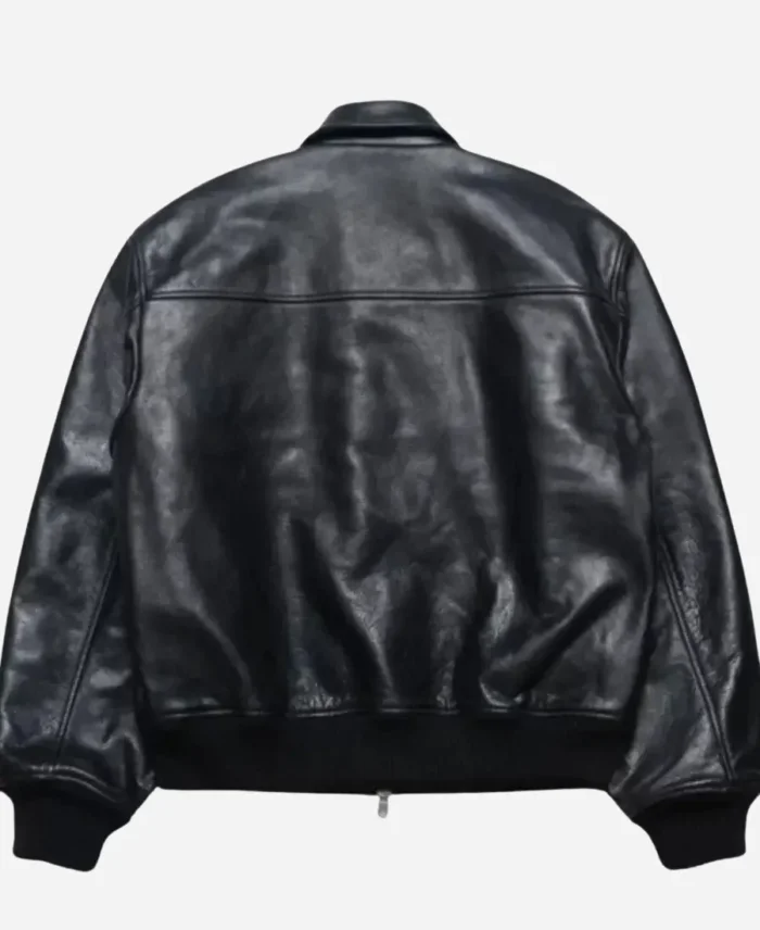  Stussy Flight Black Bomber Leather Jacket For Unisex