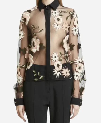 TV Series Press Junket 2024 Blake Lively Floral Embroidered Black Tulle Shirt