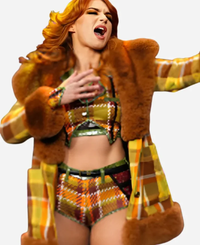 AEW Dynamite 2025 Paige Wooding Green Plaid Fur Coat