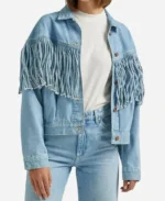 Ainsley Norris TV Series Landman 2024 Michelle Randolph Blue Denim Fringe Jacket