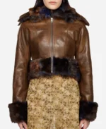 American Model Hailey Bieber Brown Faux Fur Crop Leather Jacket