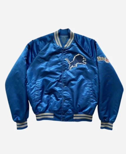 Detroit Lions 80s Blue Satin Bomber Jacket For Sale