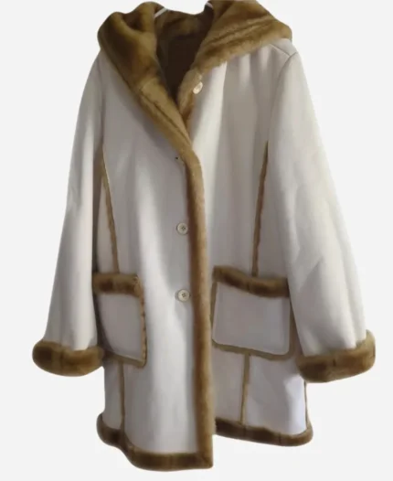 Elyse Movie The Finnish Line 2024 Nichole Sakura White Shearling Hooded Coat For Sale