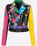 Graffiti Printed Cropped Leather Bikers Jacket