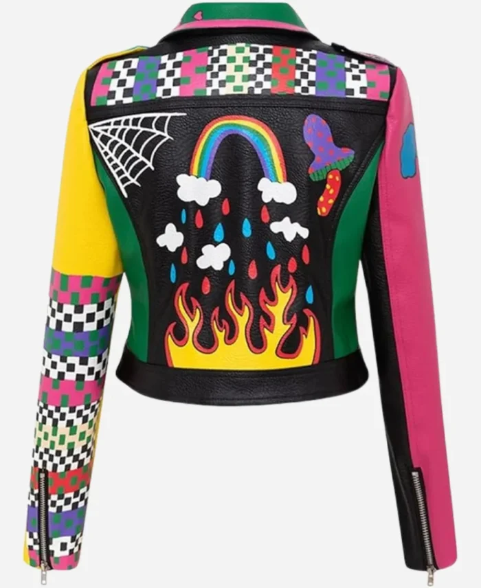 Graffiti Printed Cropped Motorcycle Leather Jacket For Womens