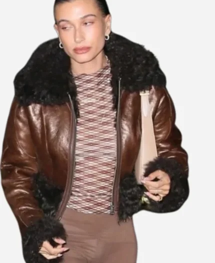 Hailey Bieber Brown Fur Leather Jacket