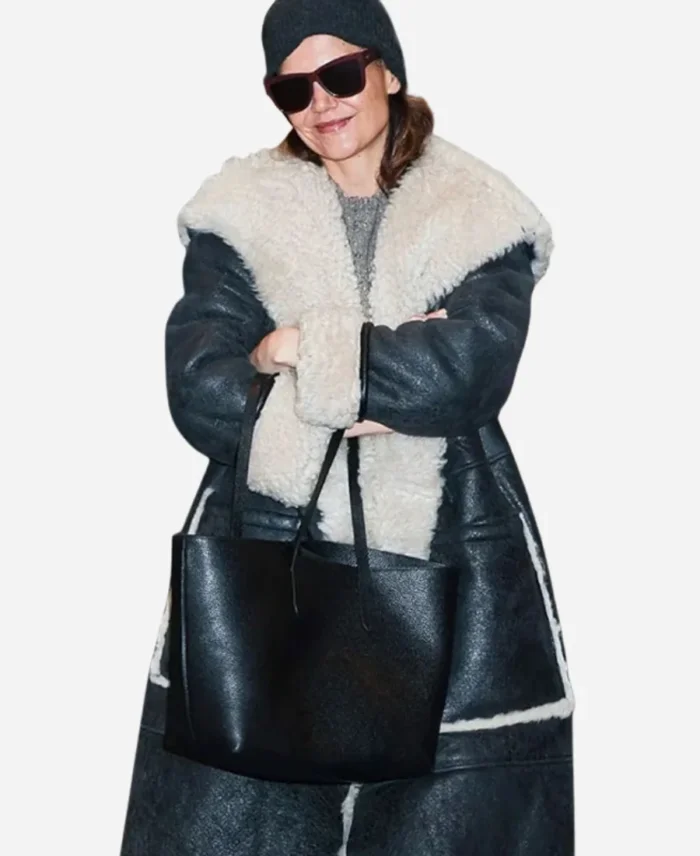 Katie Holmes Long Shearling Leather Coat