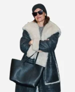 Katie Holmes Shearling Black Leather Long Coat