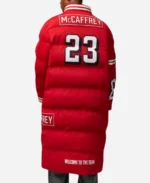 NFL Christian McCaffrey San Francisco 49ers Off Season Red Puffer Long Coat