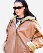 New York City Bella Hadid Brown Shearling Hooded Leather Jacket