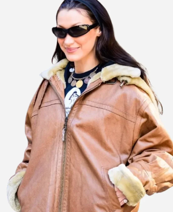 New York City Bella Hadid Brown Shearling Hooded Leather Jacket