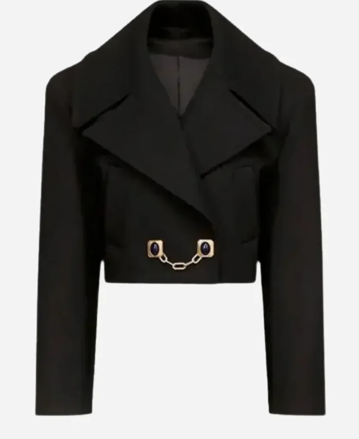 New York Taylor Swift Gemstone Button Cropped Black Peacoat For Sale