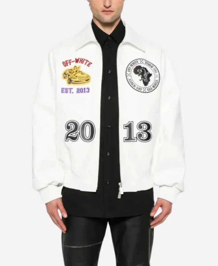 Off-White Rhino White Leather Varsity Jacket