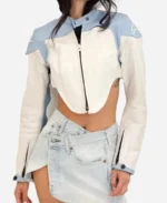 Sabrina Carpenter Coachella 2024 Cropped Blue and White Leather Jacket