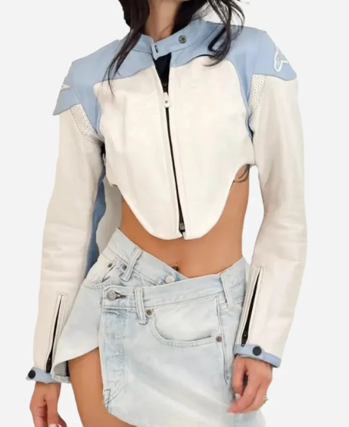 Sabrina Carpenter Coachella 2024 Cropped Blue and White Leather Jacket