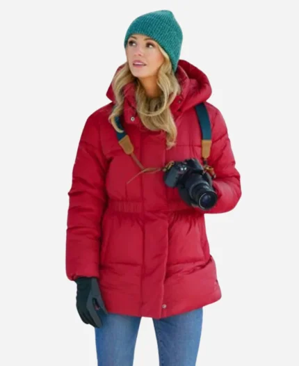 Teagan Movie Falling Like Snowflakes 2024 Rebecca Dalton Red Hooded Puffer Jacket