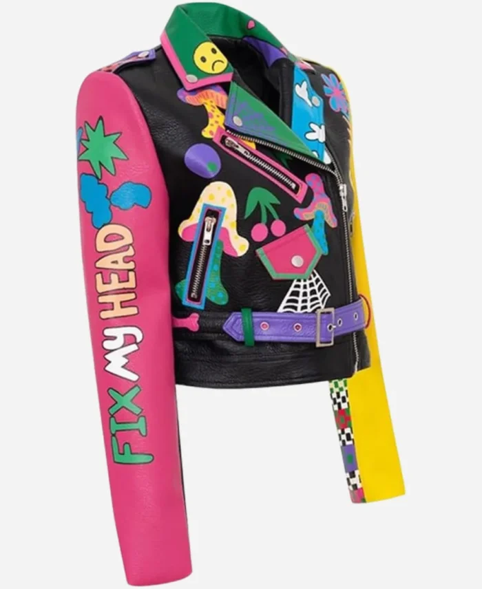 Women's Graffiti Printed Cropped Leather Bikers Jacket