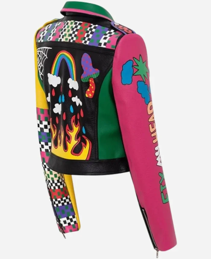 Women's Graffiti Printed Cropped Leather Bikers Jacket For Sale