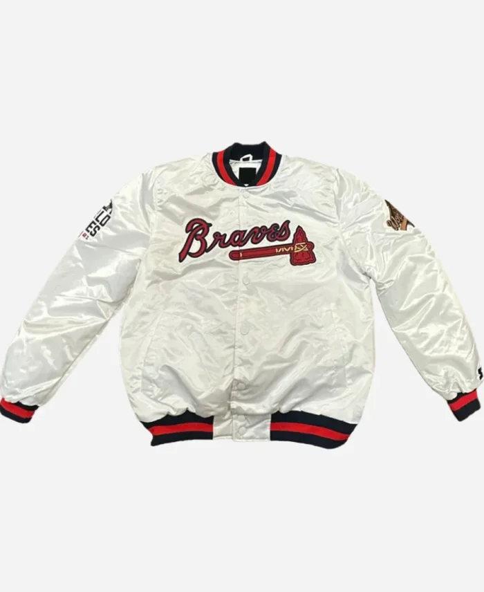 X Starter Atlanta Braves Bomber Full-Snap Satin White Jacket