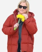 Amy Schumer Kinda Pregnant Red Hooded Puffer Jacket