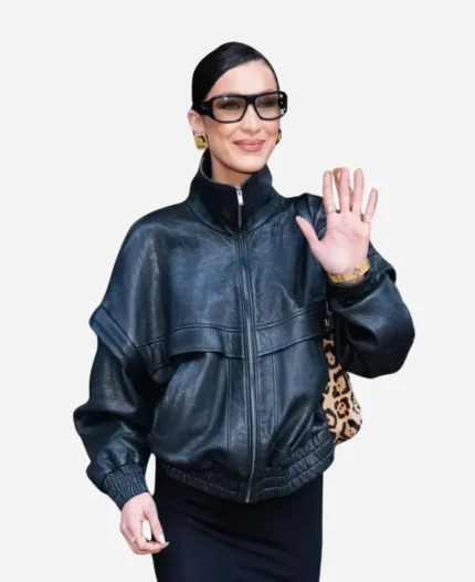 Bella Hadid NYC 2025 Black Leather Jacket