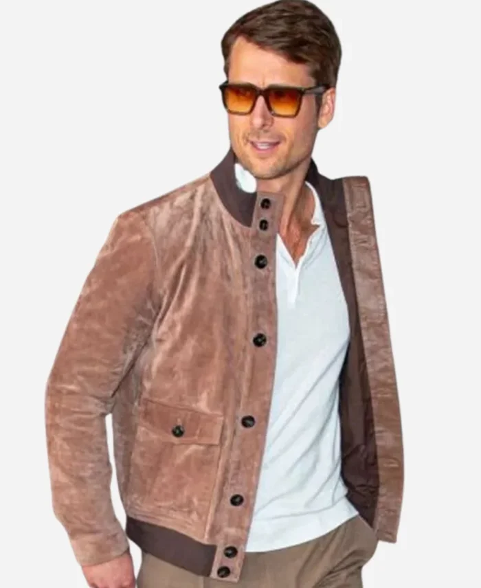The Drew Barrymore Show 2024 Glen Powell Brown Suede Jacket For Sale