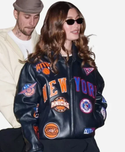 Hailey Bieber New York Knicks Black Leather Jacket