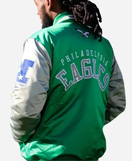 Mitchell and Ness Philadelphia Eagles Primetime Heavyweight Satin Varsity Jacket Green & Grey