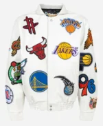 NBA Team Collage Jeff Hamilton White Leather Jacket