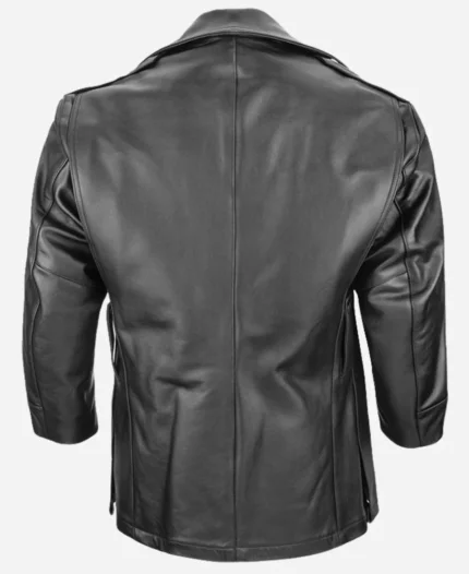 NYPD Double Breasted Cowhide Black Leather Long Jacket
