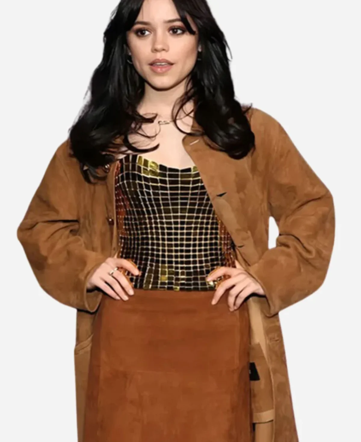 Jenna Ortega SNL 50 Homecoming Suede Brown Coat