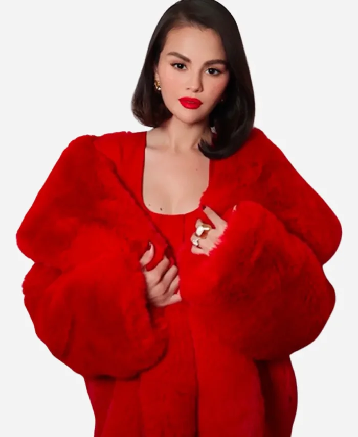 Selena Gomez London Event Fur Red Coat