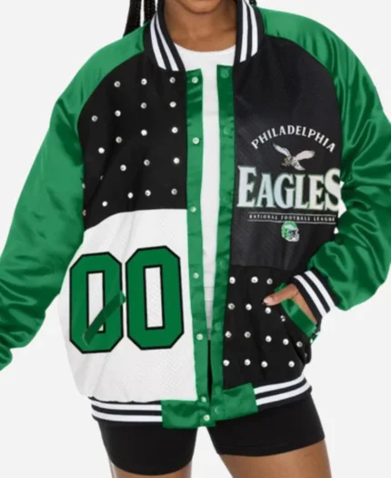 Sunny Hostin The View 2025 Eagles Embellished Varsity Bomber Jacket