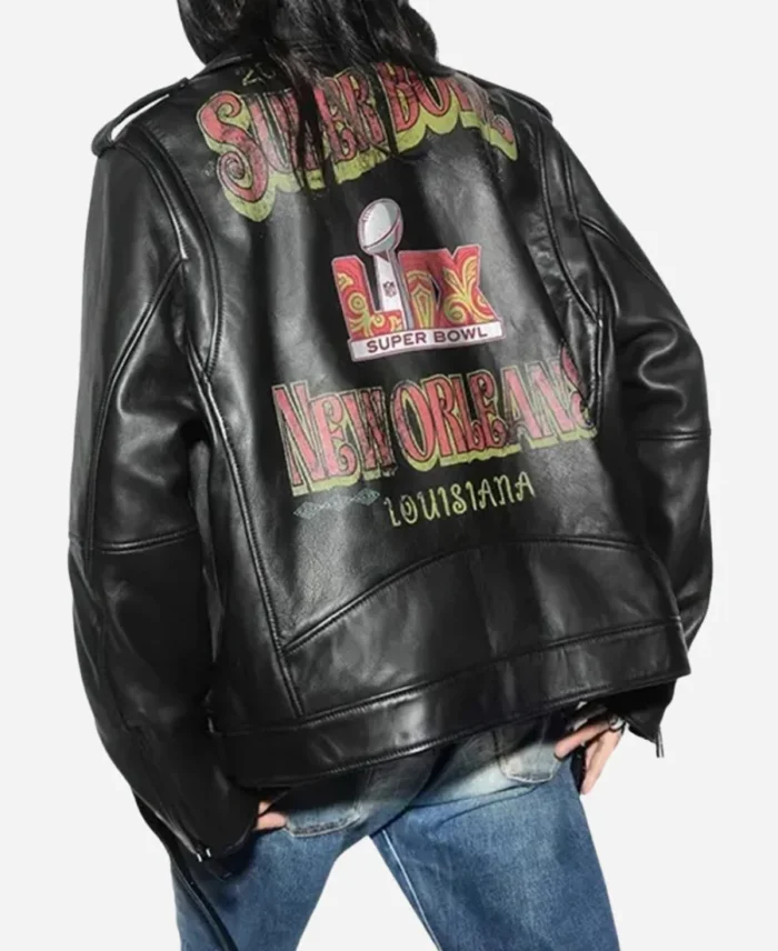 Super Bowl LIX Tabitha Oversized Moto Black Leather Jacket For Sale