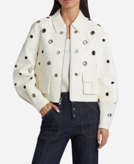 The View 2025 Joy Behar White Grommet Detail Faux Leather Jacket