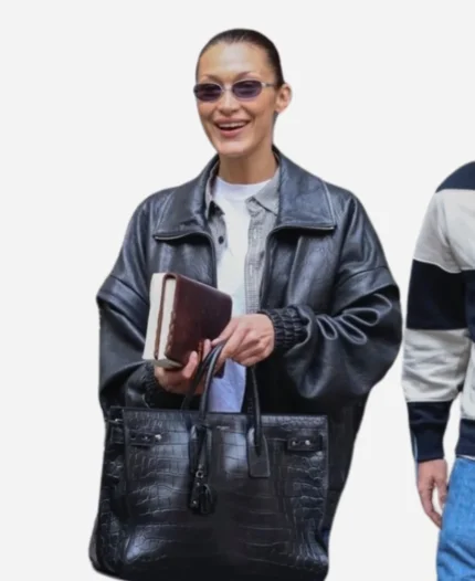 Bella Hadid Rome Black Bomber Leather Jacket
