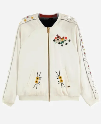 Fi TV-Series Amandaland 2025 Rochenda White Floral Embroidered Bomber Jacket