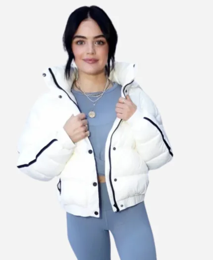 Lucy Hale Alo’s Winter House White Puffer Hooded Jacket For Sale