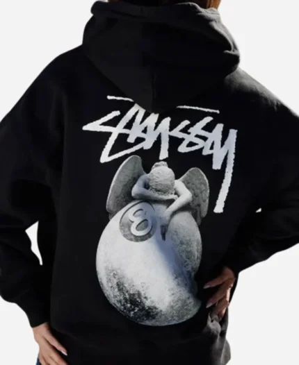Stussy Angel Oversized Black Pullover Hoodie For Unisex