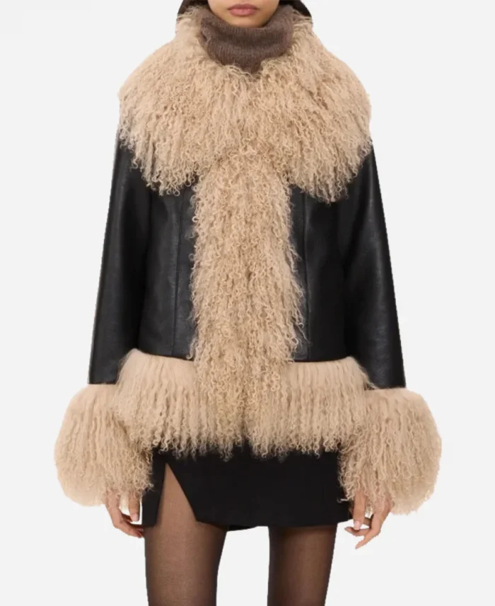 Charlotte Simone Billie Taylor Swift Black Leather Fur Coat Jacket