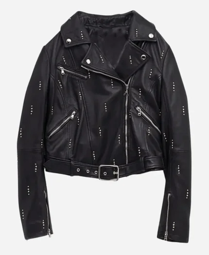 Dua Lipa Patrizia Pepe Black Leather Moto Studded Jacket For Women